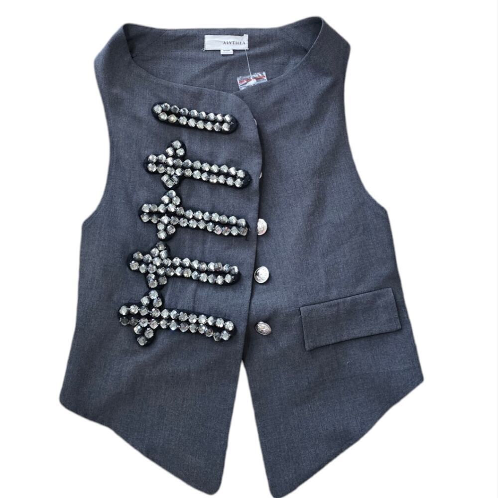 Vintage NWT Alythea Vest Jeweled Embellished Silver Button Gray Size SM Jeweled